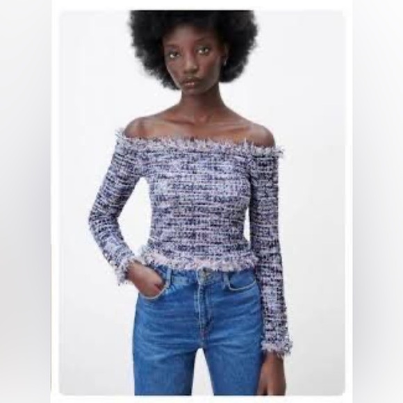 Zara Purple Frayed Textured Off-Shoulder Top (size medium) NWT - Picture 2 of 6